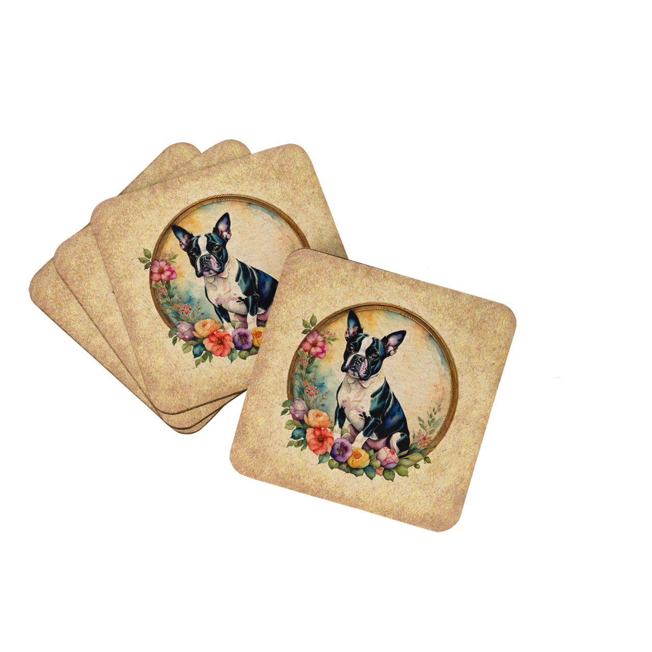 Caroline's Treasures Boston Terrier and Flowers Foam Coasters